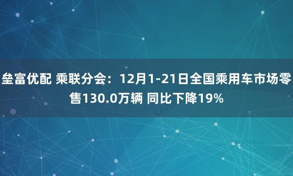 垒富优配 乘联分会：12月1-21日全国乘用车市场零售130.0万辆 同比下降19%